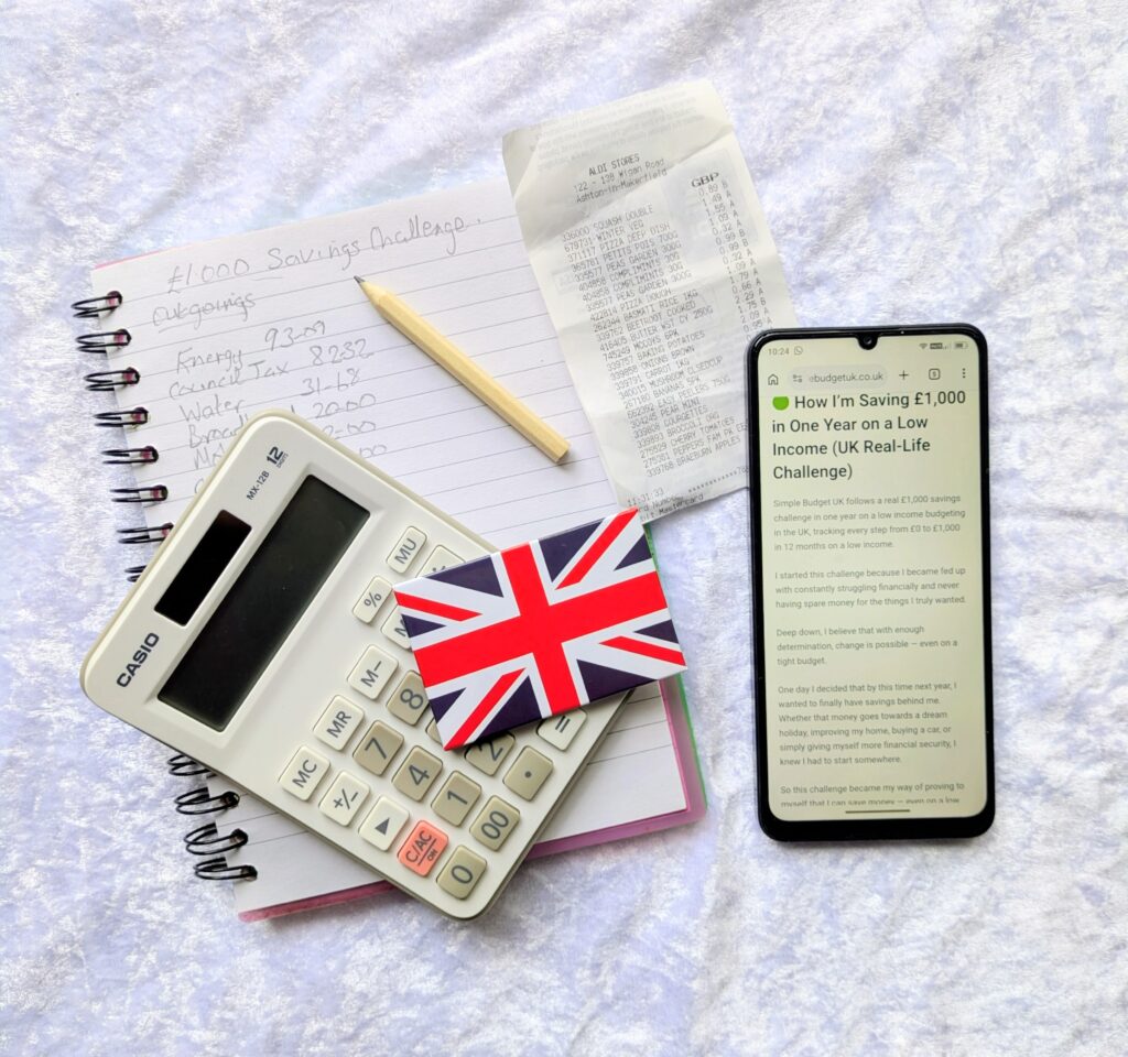 Budget planning tools including notepad, calculator, receipt and phone for savings tracking