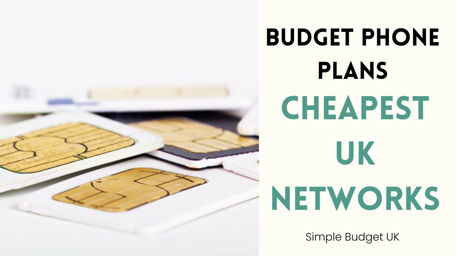 Minimalist flat lay of a smartphone on white textured fabric next to a split screen displaying budget phone plans UK guide text.