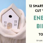 12 Smart Ways to Save Money on Energy Bills Today banner showing a small model house wrapped in a warm white scarf resting against a home radiator.