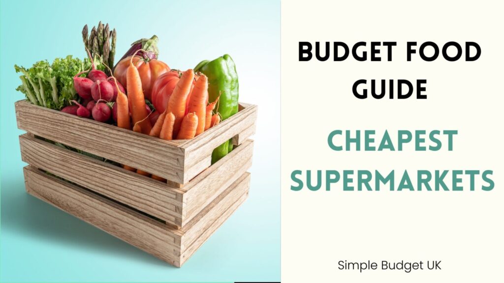 A split-screen blog banner with a bright grocery shopping photo on the left and bold text reading Budget Food Guide Cheapest UK Supermarkets on the right.