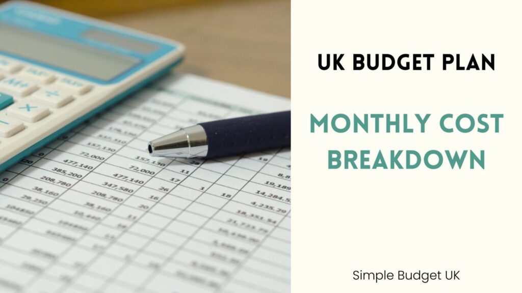A split-screen blog banner with a bright financial bookkeeping photo on the left and bold text reading UK Budget Plan Monthly Cost Breakdown on the right.