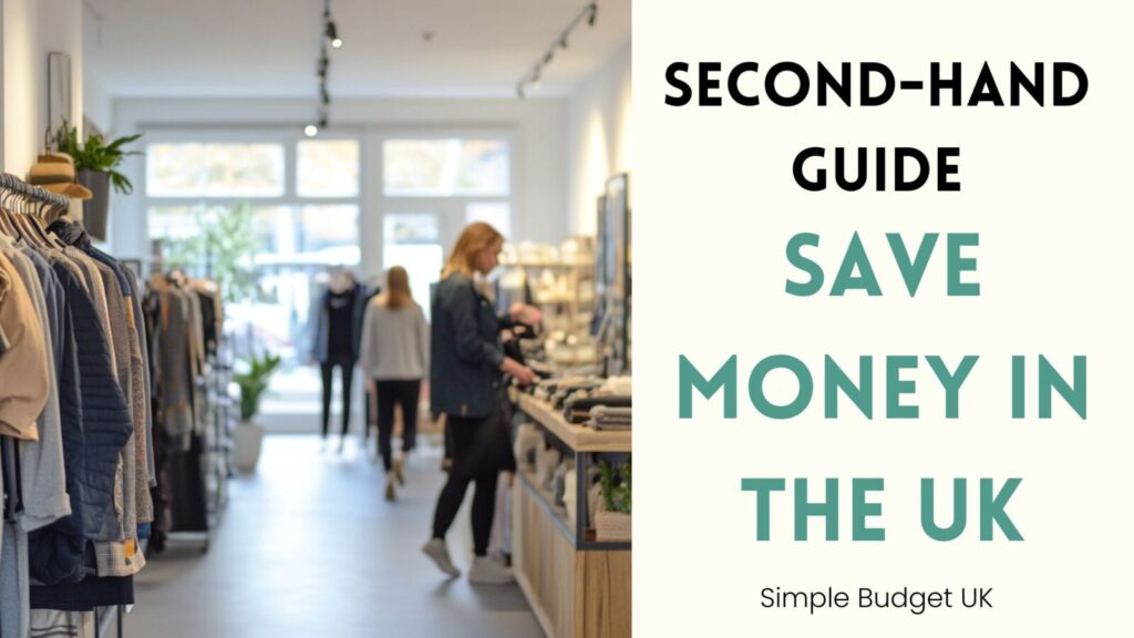 A split-screen blog banner with a bright thrift-shopping photo on the left and bold text reading Second-Hand Guide Save Money in the UK on the right.