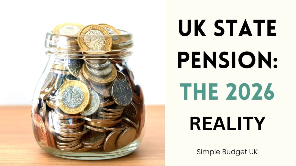 A glass jar filled with British pound coins next to text reading UK State Pension The 2026 Reality for Simple Budget UK.