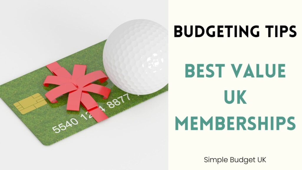 A split-screen blog banner with a bright lifestyle photo on the left and bold text reading Budgeting Tips Best Value UK Memberships on the right.