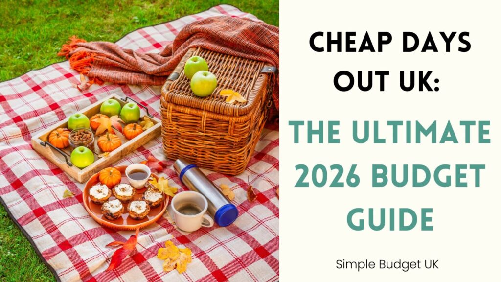 A cozy autumn picnic spread featuring a wicker basket, thermos, and snacks on a red plaid blanket, representing ideas for cheap days out UK.