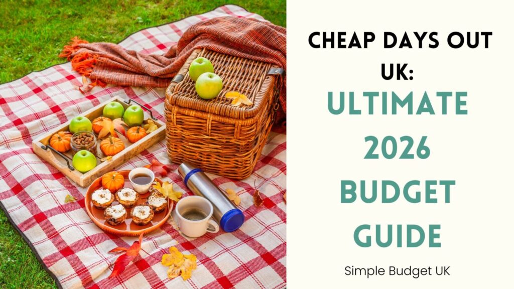 A cozy autumn picnic spread featuring a wicker basket, thermos, and snacks on a red plaid blanket, representing ideas for cheap days out UK.